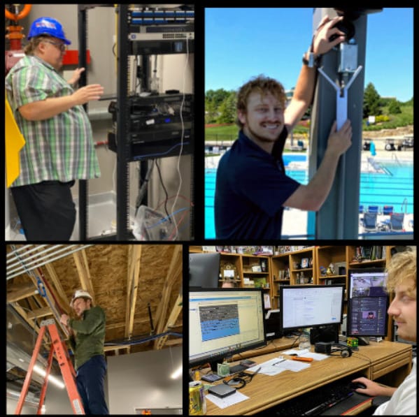Technicians installing servers, outdoor equipment, job-site wiring, and office systems