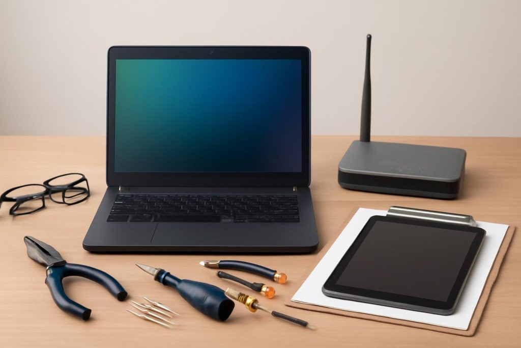 Laptop, repair tools, router and tablet on a desk, illustrating standard computer repair vs. managed IT services